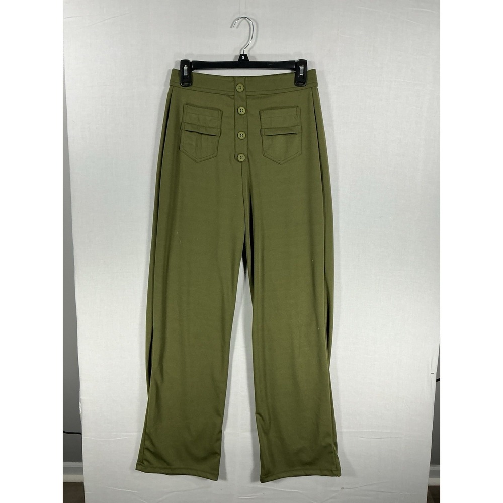Women's‎ Olive Green Button Front Pants Medium Stretch Straight Leg Trousers